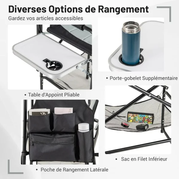 Chaise de Réalisateur Haute de 116,5 cm Chaise de Maquilleuse Pliante avec Table d'Appoint Pliable et Repose-Pied Noir + Gris