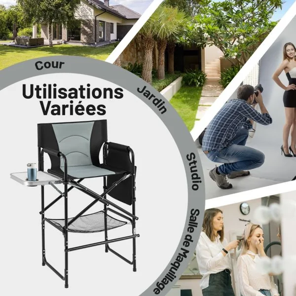 Chaise de Réalisateur Haute de 116,5 cm Chaise de Maquilleuse Pliante avec Table d'Appoint Pliable et Repose-Pied Noir + Gris