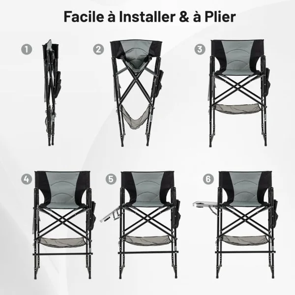 Chaise de Réalisateur Haute de 116,5 cm Chaise de Maquilleuse Pliante avec Table d'Appoint Pliable et Repose-Pied Noir + Gris