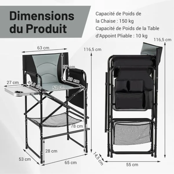 Chaise de Réalisateur Haute de 116,5 cm Chaise de Maquilleuse Pliante avec Table d'Appoint Pliable et Repose-Pied Noir + Gris