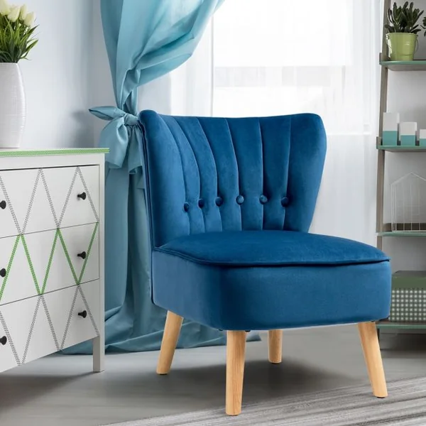 Chaise de Salon Confortable en Velours Coussin Rembourré Antidérapant Style Élégant en Bois d’Hévéa 56x70x69 cm Bleu