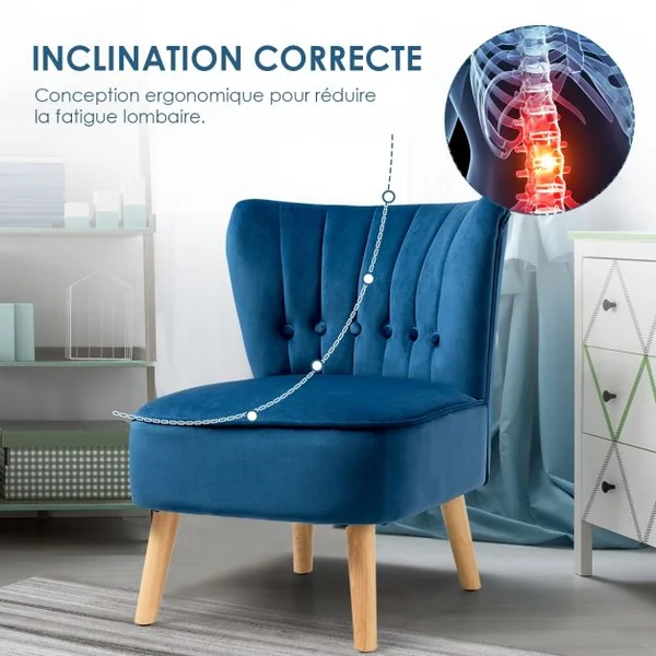Chaise de Salon Confortable en Velours Coussin Rembourré Antidérapant Style Élégant en Bois d’Hévéa 56x70x69 cm Bleu