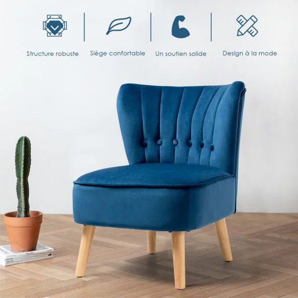 Chaise de Salon Confortable en Velours Coussin Rembourré Antidérapant Style Élégant en Bois d’Hévéa 56x70x69 cm Bleu