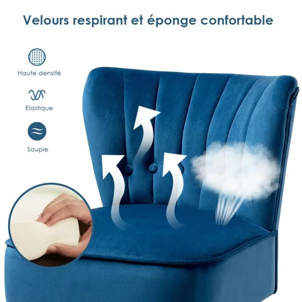 Chaise de Salon Confortable en Velours Coussin Rembourré Antidérapant Style Élégant en Bois d’Hévéa 56x70x69 cm Bleu