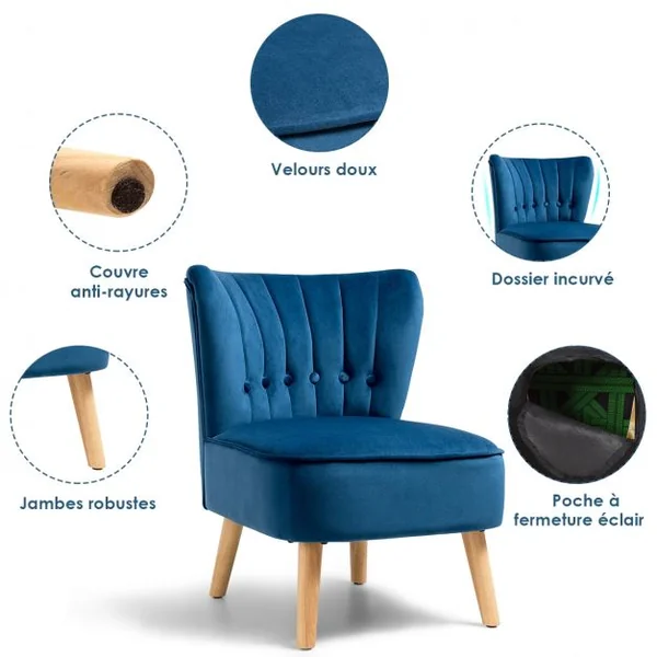Chaise de Salon Confortable en Velours Coussin Rembourré Antidérapant Style Élégant en Bois d’Hévéa 56x70x69 cm Bleu