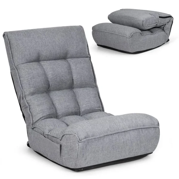 Chaise de Sol Pliante Réglable à 4 Positions Chaise de Sol avec Tête Réglable à 5 Positions et Poche Latérale Gris