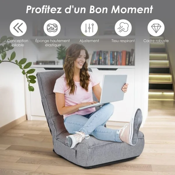 Chaise de Sol Pliante Réglable à 4 Positions Chaise de Sol avec Tête Réglable à 5 Positions et Poche Latérale Gris