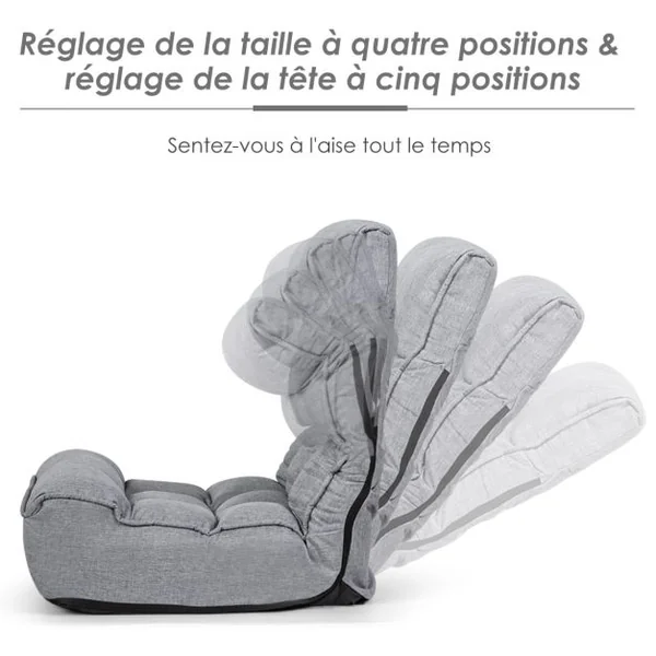 Chaise de Sol Pliante Réglable à 4 Positions Chaise de Sol avec Tête Réglable à 5 Positions et Poche Latérale Gris