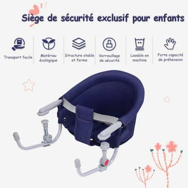 Chaise de Table Bébé +6 Mois Clip de Fixation Chaise Bébé à Accrocher Capacité 15kg en Tissu Fer 58,5x38x28,5cm Bleu