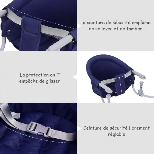 Chaise de Table Bébé +6 Mois Clip de Fixation Chaise Bébé à Accrocher Capacité 15kg en Tissu Fer 58,5x38x28,5cm Bleu
