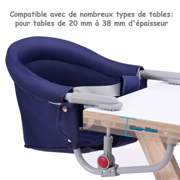 Chaise de Table Bébé +6 Mois Clip de Fixation Chaise Bébé à Accrocher Capacité 15kg en Tissu Fer 58,5x38x28,5cm Bleu