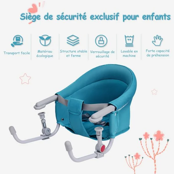 Chaise de Table Bébé +6 Mois Clip de Fixation Chaise Bébé à Accrocher Capacité 15kg en Tissu Fer 58,5x38x28,5cm Vert
