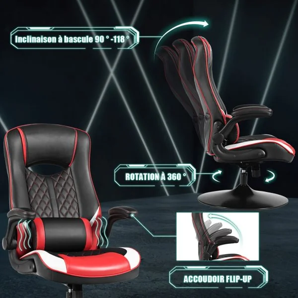 Chaise Gaming avec Base Ronde Appui Dos Inclinable 118° Coussin Lombaire Revêtement en PVC Charge 125kg