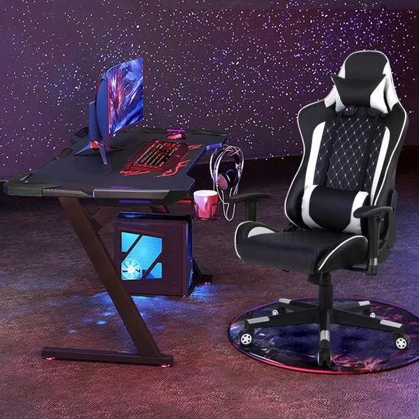 Chaise Gaming de Bascule Siège Gamer Pivotante Ergonomique Fauteuil de Bureau Réglable en Hauteur et Dossier Réglable Support Lombaire et Poche Blanc