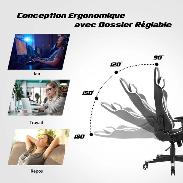 Chaise Gaming de Bascule Siège Gamer Pivotante Ergonomique Fauteuil de Bureau Réglable en Hauteur et Dossier Réglable Support Lombaire et Poche Blanc