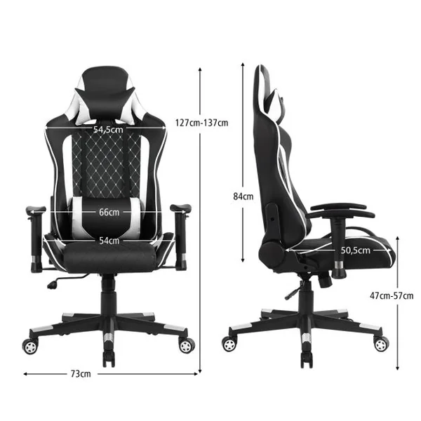 Chaise Gaming de Bascule Siège Gamer Pivotante Ergonomique Fauteuil de Bureau Réglable en Hauteur et Dossier Réglable Support Lombaire et Poche Blanc