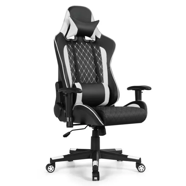 Chaise Gaming de Bascule Siège Gamer Pivotante Ergonomique Fauteuil de Bureau Réglable en Hauteur et Dossier Réglable Support Lombaire et Poche Blanc
