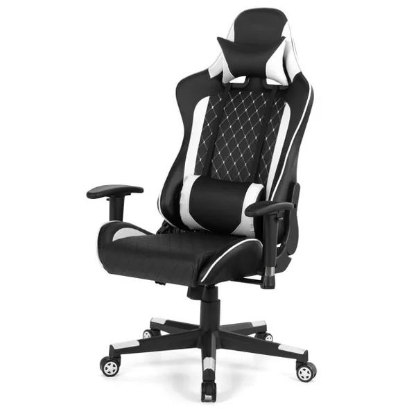 Chaise Gaming de Bascule Siège Gamer Pivotante Ergonomique Fauteuil de Bureau Réglable en Hauteur et Dossier Réglable Support Lombaire et Poche Blanc