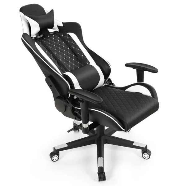 Chaise Gaming de Bascule Siège Gamer Pivotante Ergonomique Fauteuil de Bureau Réglable en Hauteur et Dossier Réglable Support Lombaire et Poche Blanc