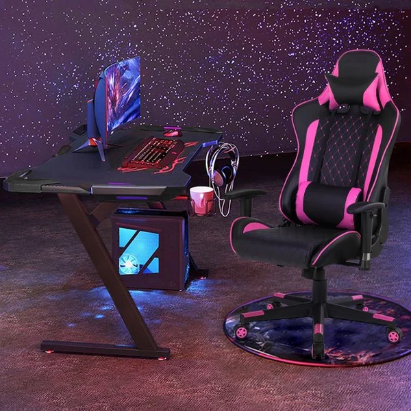 Chaise Gaming de Bascule Siège Gamer Pivotante Ergonomique Fauteuil de Bureau Réglable en Hauteur et Dossier Réglable Support Lombaire et Poche Rose
