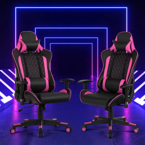 Chaise Gaming de Bascule Siège Gamer Pivotante Ergonomique Fauteuil de Bureau Réglable en Hauteur et Dossier Réglable Support Lombaire et Poche Rose