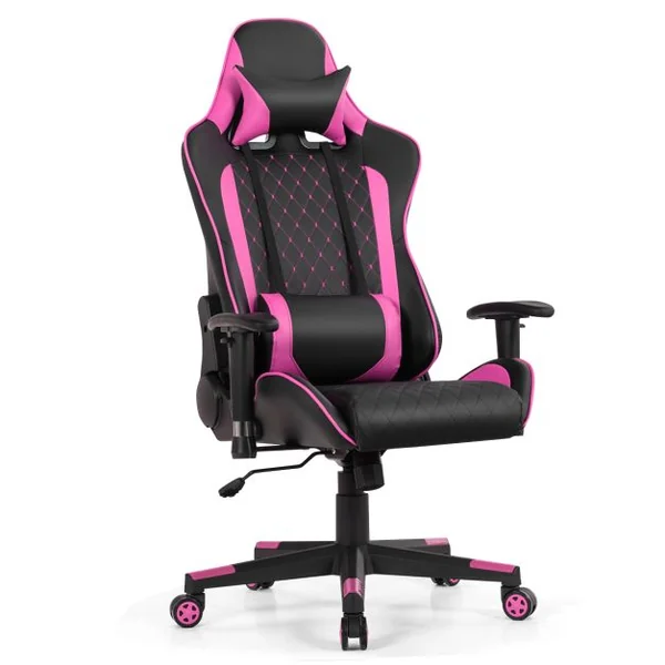 Chaise Gaming de Bascule Siège Gamer Pivotante Ergonomique Fauteuil de Bureau Réglable en Hauteur et Dossier Réglable Support Lombaire et Poche Rose