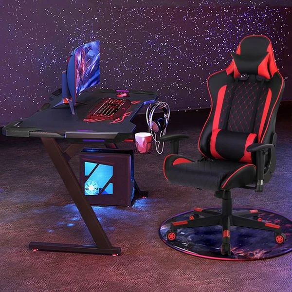 Chaise Gaming de Bascule Siège Gamer Pivotante Ergonomique Fauteuil de Bureau Réglable en Hauteur et Dossier Réglable Support Lombaire et Poche Rouge