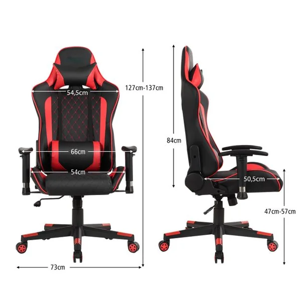 Chaise Gaming de Bascule Siège Gamer Pivotante Ergonomique Fauteuil de Bureau Réglable en Hauteur et Dossier Réglable Support Lombaire et Poche Rouge