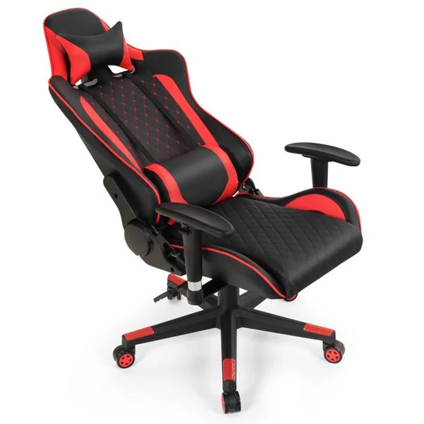Chaise Gaming de Bascule Siège Gamer Pivotante Ergonomique Fauteuil de Bureau Réglable en Hauteur et Dossier Réglable Support Lombaire et Poche Rouge