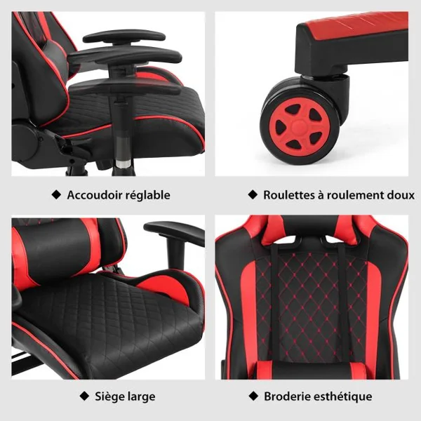 Chaise Gaming de Bascule Siège Gamer Pivotante Ergonomique Fauteuil de Bureau Réglable en Hauteur et Dossier Réglable Support Lombaire et Poche Rouge