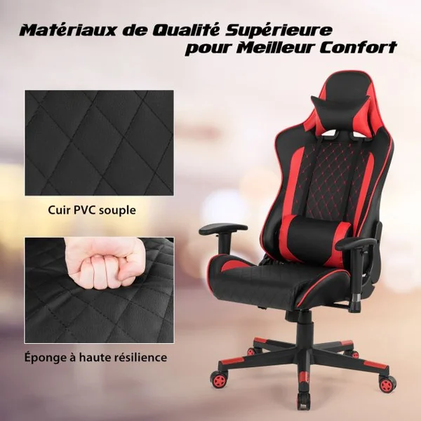 Chaise Gaming de Bascule Siège Gamer Pivotante Ergonomique Fauteuil de Bureau Réglable en Hauteur et Dossier Réglable Support Lombaire et Poche Rouge