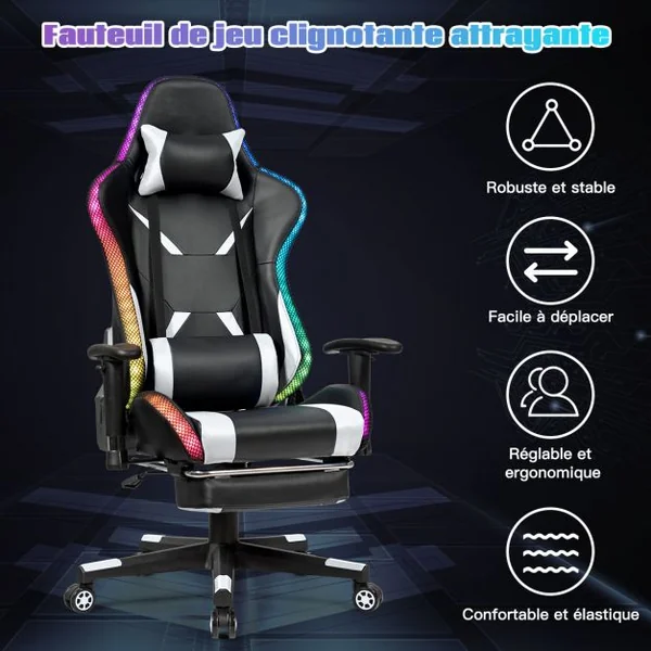 Chaise Gaming Fauteuil de Bureau Hauteur Ajustable et Dossier Inclinable Repose Pieds Inclus Blanc
