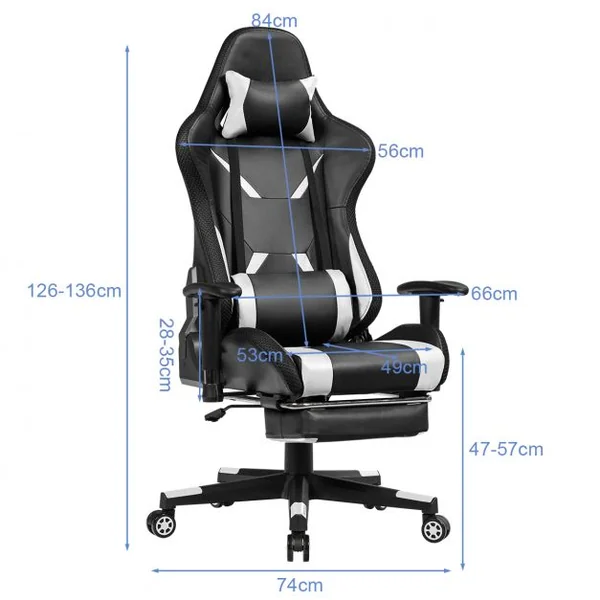 Chaise Gaming Fauteuil de Bureau Hauteur Ajustable et Dossier Inclinable Repose Pieds Inclus Blanc