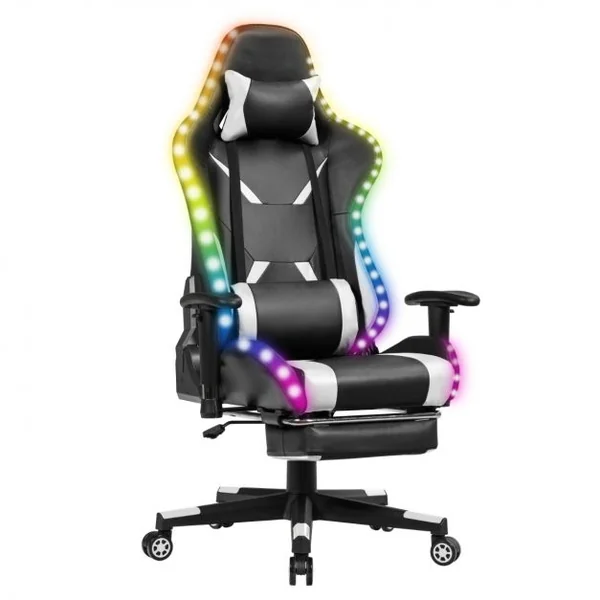 Chaise Gaming Fauteuil de Bureau Hauteur Ajustable et Dossier Inclinable Repose Pieds Inclus Blanc