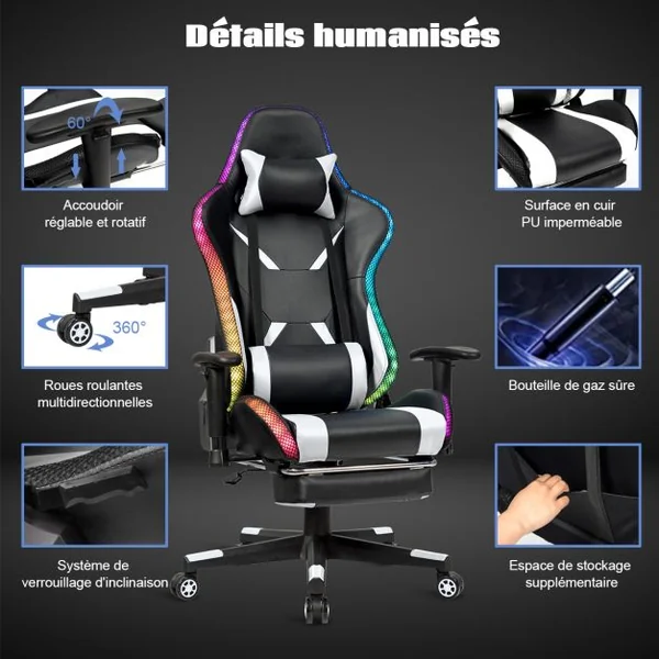 Chaise Gaming Fauteuil de Bureau Hauteur Ajustable et Dossier Inclinable Repose Pieds Inclus Blanc