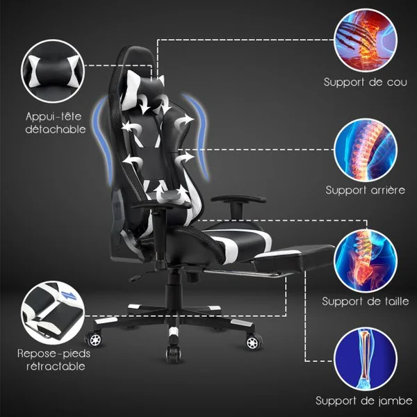 Chaise Gaming Fauteuil de Bureau Hauteur Ajustable et Dossier Inclinable Repose Pieds Inclus Blanc