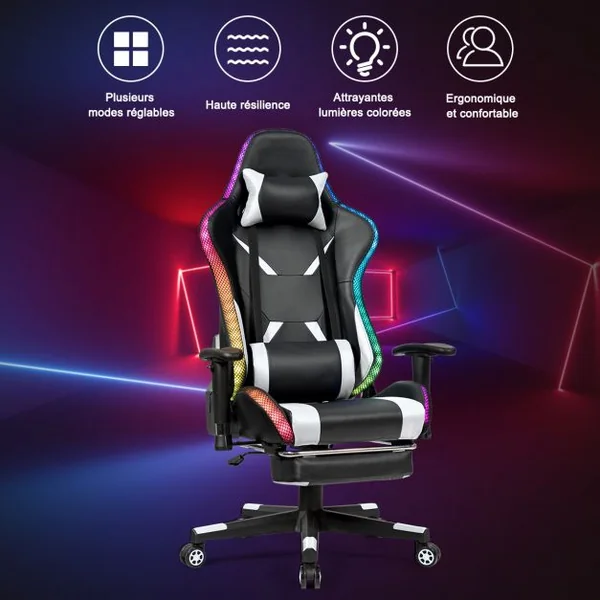 Chaise Gaming Fauteuil de Bureau Hauteur Ajustable et Dossier Inclinable Repose Pieds Inclus Blanc