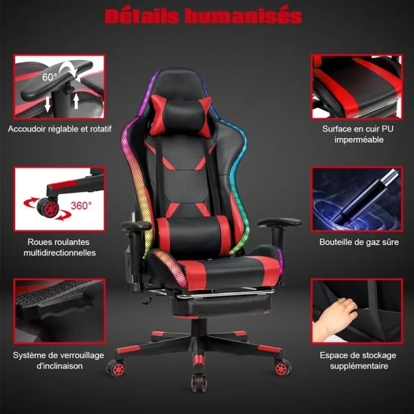 Chaise Gaming Fauteuil de Bureau Hauteur Ajustable et Dossier Inclinable Repose Pieds Inclus Rouge
