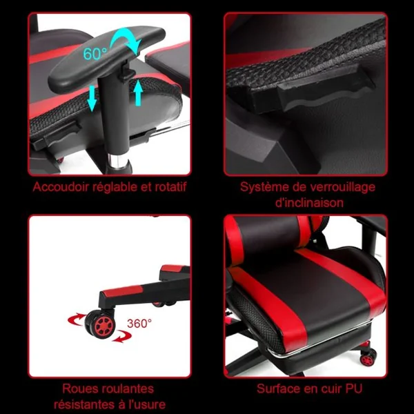 Chaise Gaming Fauteuil de Bureau Hauteur Ajustable et Dossier Inclinable Repose Pieds Inclus Rouge