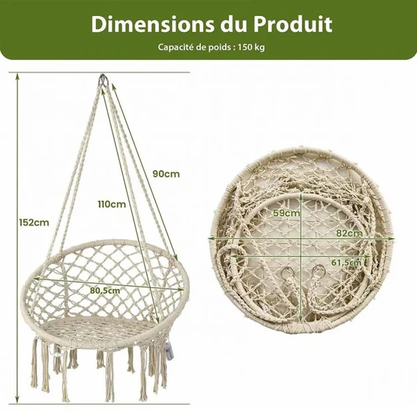 Chaise Hamac Macramé Balançoire Chaise Hamac Suspendue avec Lumières LED Chaise Balançoire Hamac en Corde de Coton Suspendue