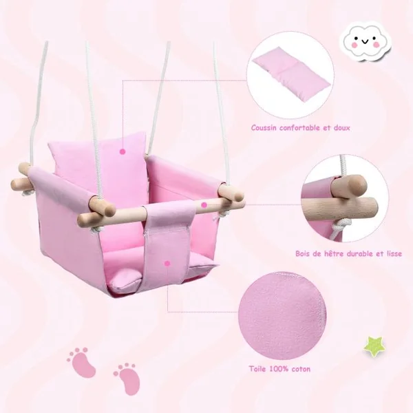 Chaise Hamac Suspendu en Toile pour Bébé 6-36 Mois avec 2 Coussins Charge 60KG Corde Ajustable Rose