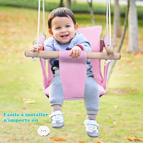 Chaise Hamac Suspendu en Toile pour Bébé 6-36 Mois avec 2 Coussins Charge 60KG Corde Ajustable Rose