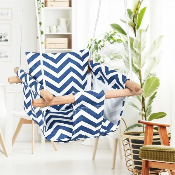 Chaise Hamac Suspendu en Toile pour Bébé 6-36 Mois avec 2 Coussins Charge 60KG Corde Réglable Bleu+Blanc