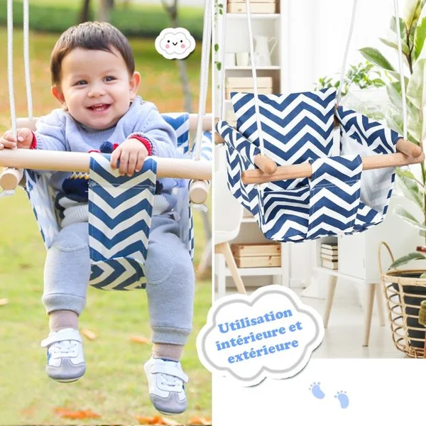 Chaise Hamac Suspendu en Toile pour Bébé 6-36 Mois avec 2 Coussins Charge 60KG Corde Réglable Bleu+Blanc
