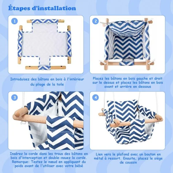 Chaise Hamac Suspendu en Toile pour Bébé 6-36 Mois avec 2 Coussins Charge 60KG Corde Réglable Bleu+Blanc