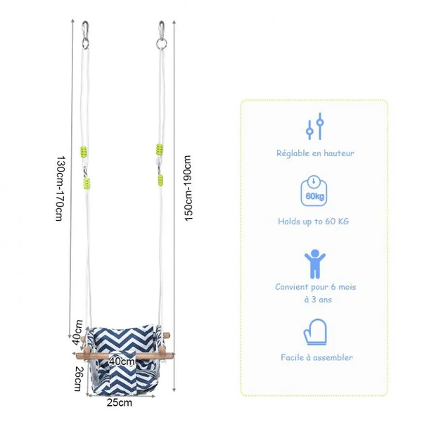 Chaise Hamac Suspendu en Toile pour Bébé 6-36 Mois avec 2 Coussins Charge 60KG Corde Réglable Bleu+Blanc