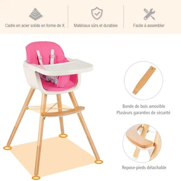 Chaise Haute 2 en 1 pour Bébé 3 Hauteurs Réglables Harnais de Sécurité en PE PP PU Bois, 52x56x83cm, Rose