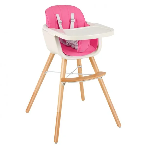 Chaise Haute 2 en 1 pour Bébé 3 Hauteurs Réglables Harnais de Sécurité en PE PP PU Bois, 52x56x83cm, Rose
