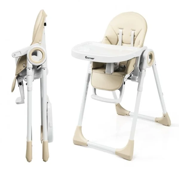 Chaise Haute 2 en 1 pour Bébé de 6-36 Mois Pliable Hauteur et Angle Réglables Capacité 20kg en Pp 56x72x100cm Beige
