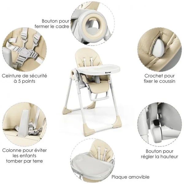 Chaise Haute 2 en 1 pour Bébé de 6-36 Mois Pliable Hauteur et Angle Réglables Capacité 20kg en Pp 56x72x100cm Beige